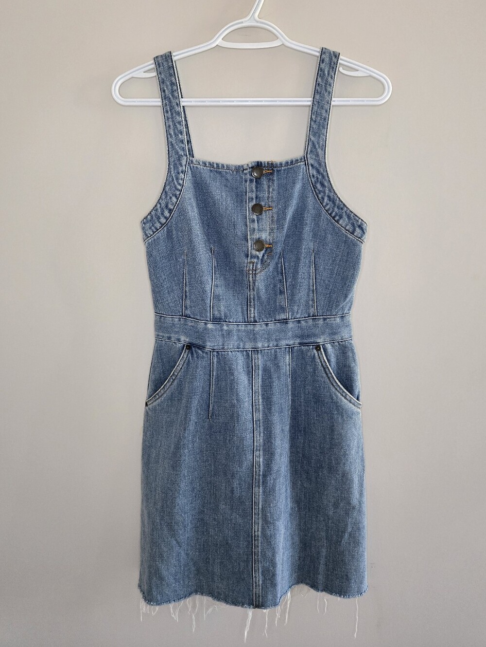 & Other Stories sleeveless blue denim mini dress, front pockets, distressed, new